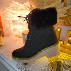 Nicole Miller Faux Fur cuff wedge boots.